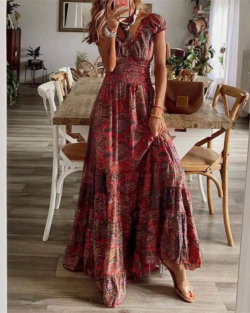 Vintage tribal print shirred waist maxi dress