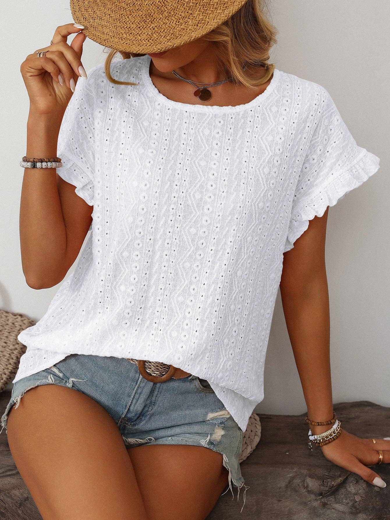 Crew Neck Ruffle Sleeve Short Sleeve Top