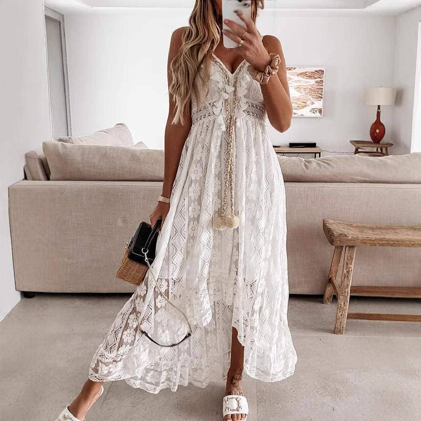 Spring lace sling large swing solid color dress