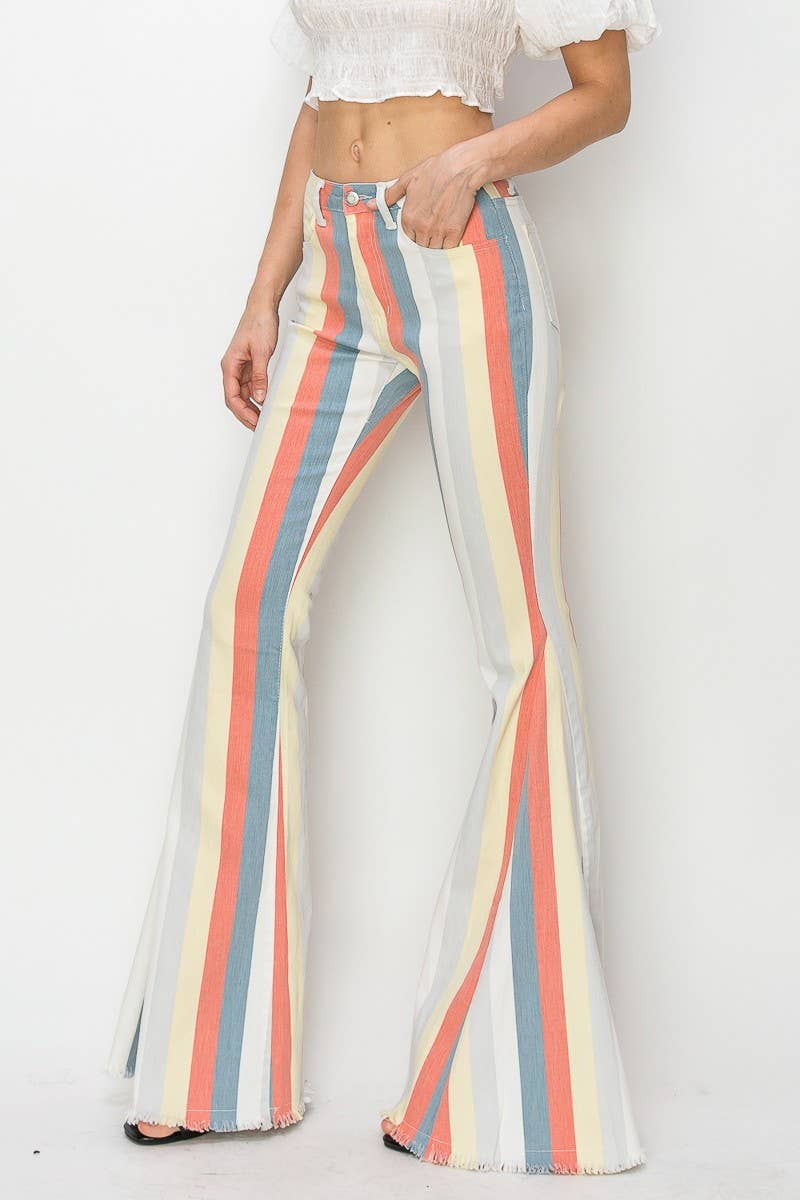 MULTI STRIPE DENIM BELLBOTTOM JEANS