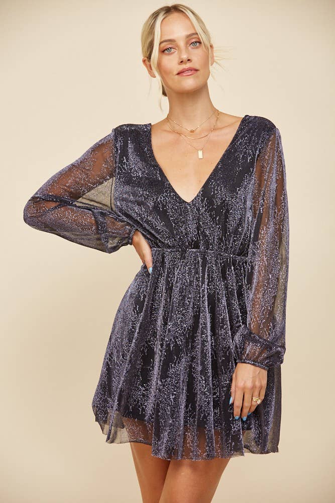 SHIMMERING MINI VNECK LONG SLEEVE DRESS