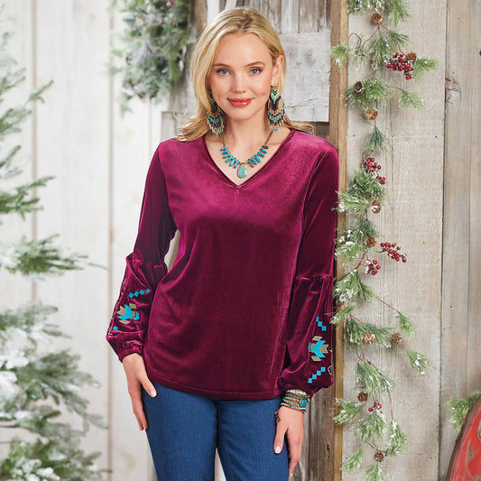 Freya Embroidered Velvet Top in deep red