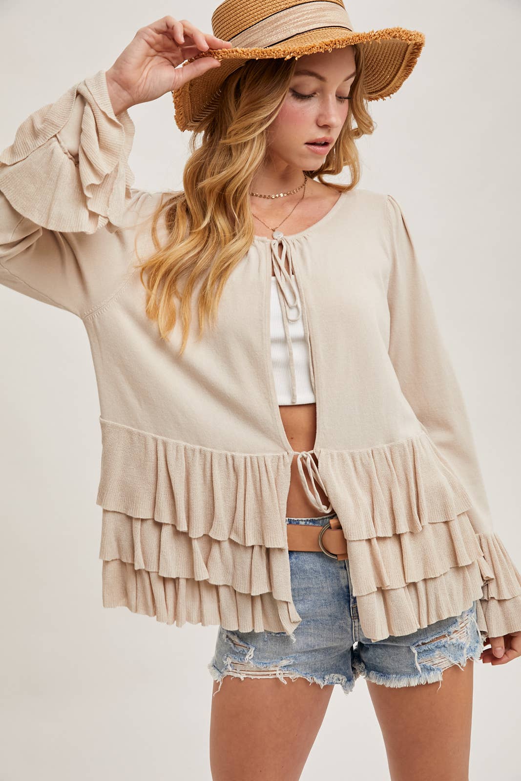 RUFFLED FRONT TIE BELL SLEEVE CARDIGAN