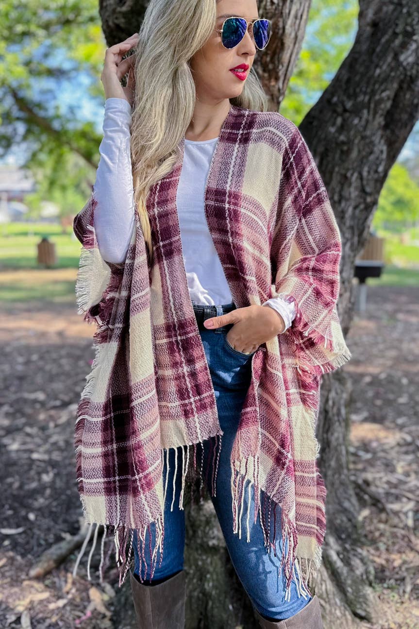 Burgundy Plaid Print Lightweight Knitted Kimono With Fringe
