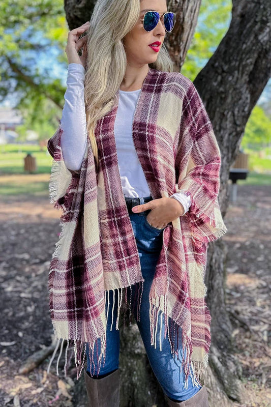Burgundy Plaid Print Lightweight Knitted Kimono With Fringe