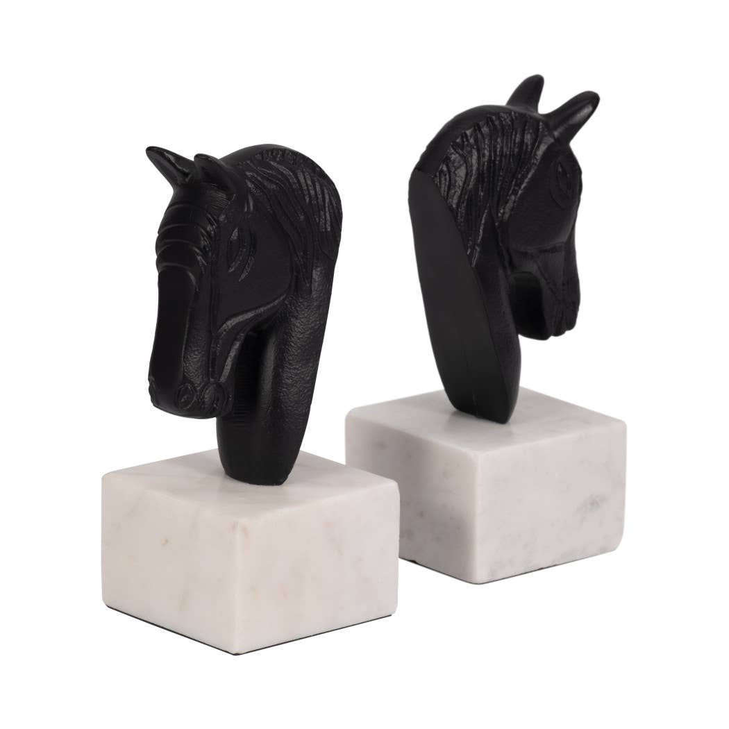 White/Black Metal Horse Head bookends on marble bases