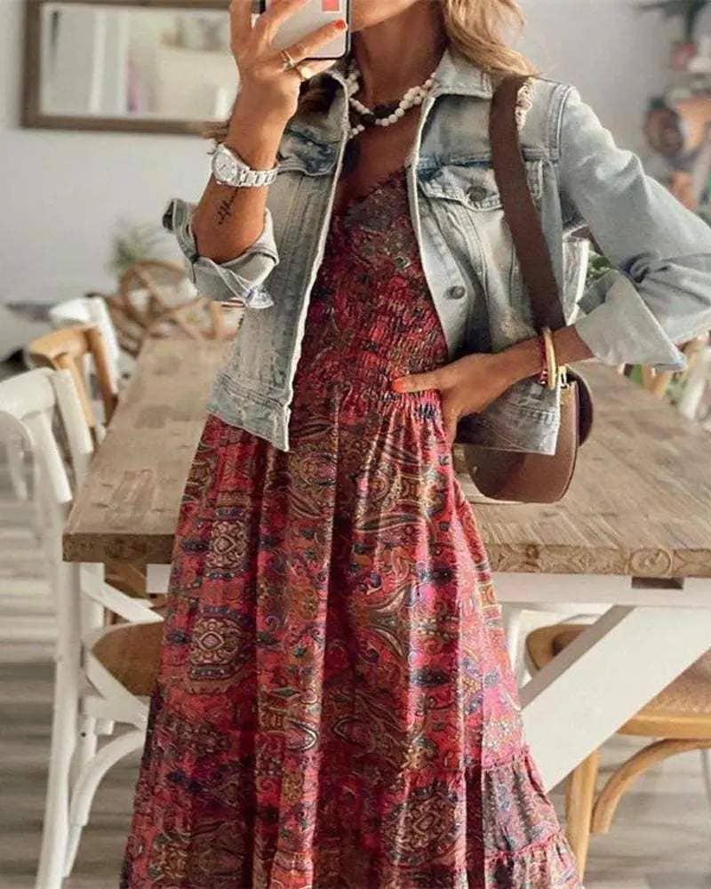 Vintage tribal print shirred waist maxi dress