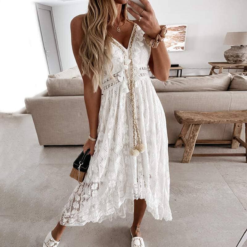 Spring lace sling large swing solid color dress