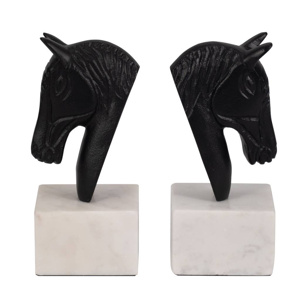 White/Black Metal Horse Head bookends on marble bases
