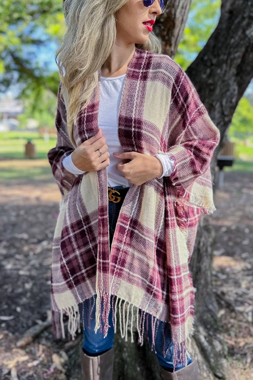 Burgundy Plaid Print Lightweight Knitted Kimono With Fringe