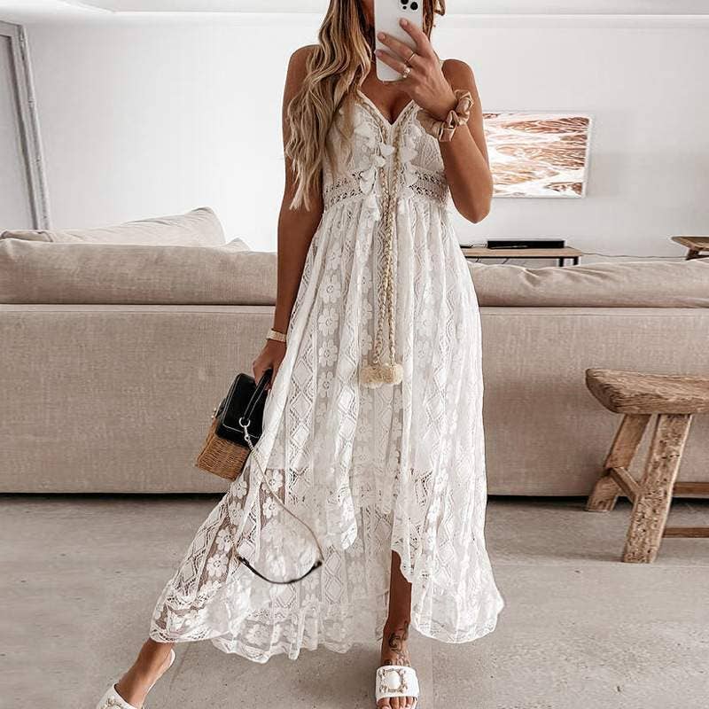 Spring lace sling large swing solid color dress