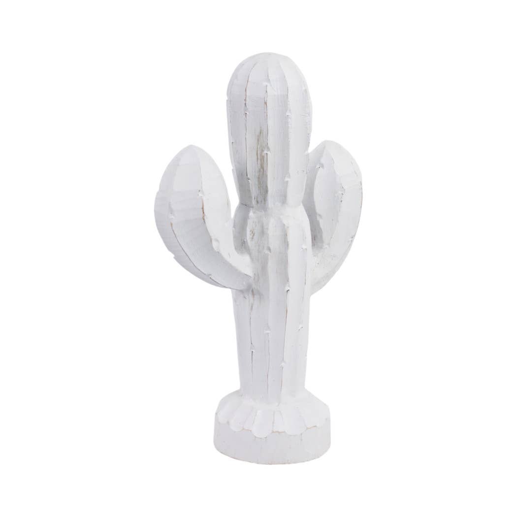 White Wood Hand carved Cactus, 14 in.