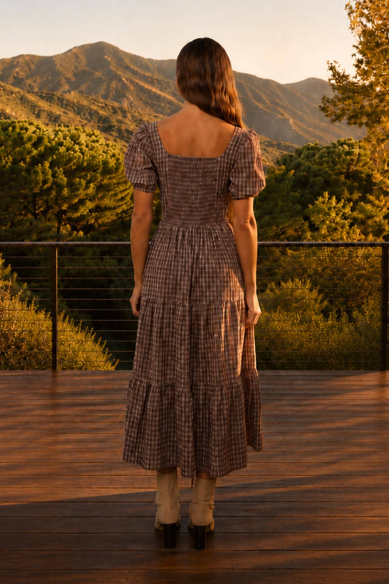 PLAID PUFF SLEEVE CORSET MIDI DRESS