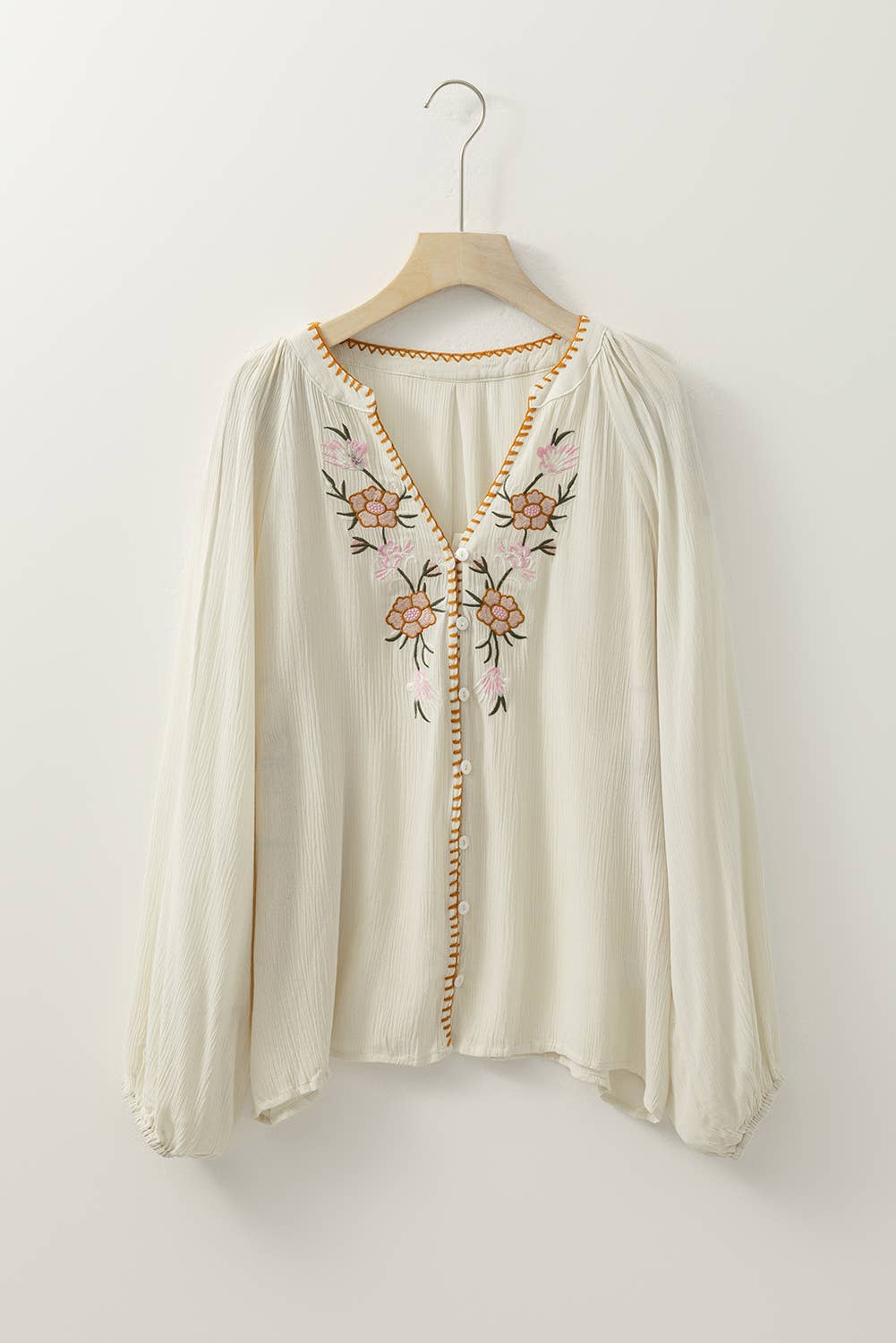 Floral Embroidered Textured Spring Puff Sleeve Loose Shirt