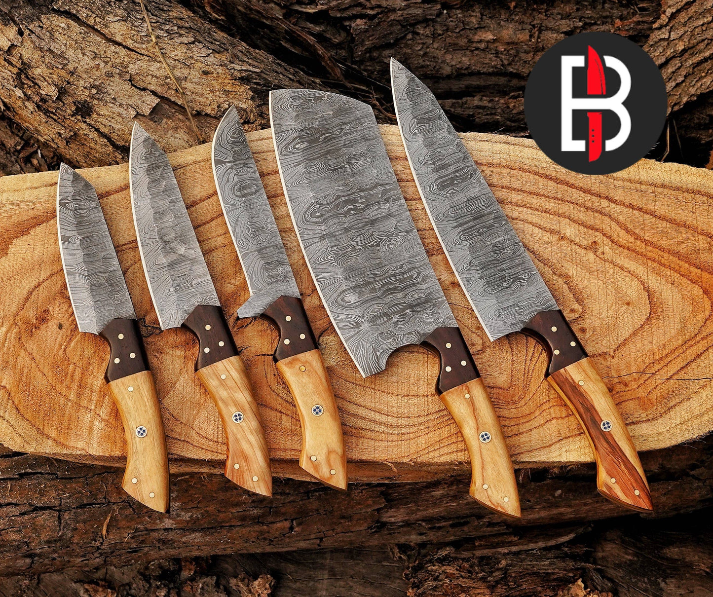 5 Pcs Damascus Steel Lightwood Handmade BBQ Kitchen Knives