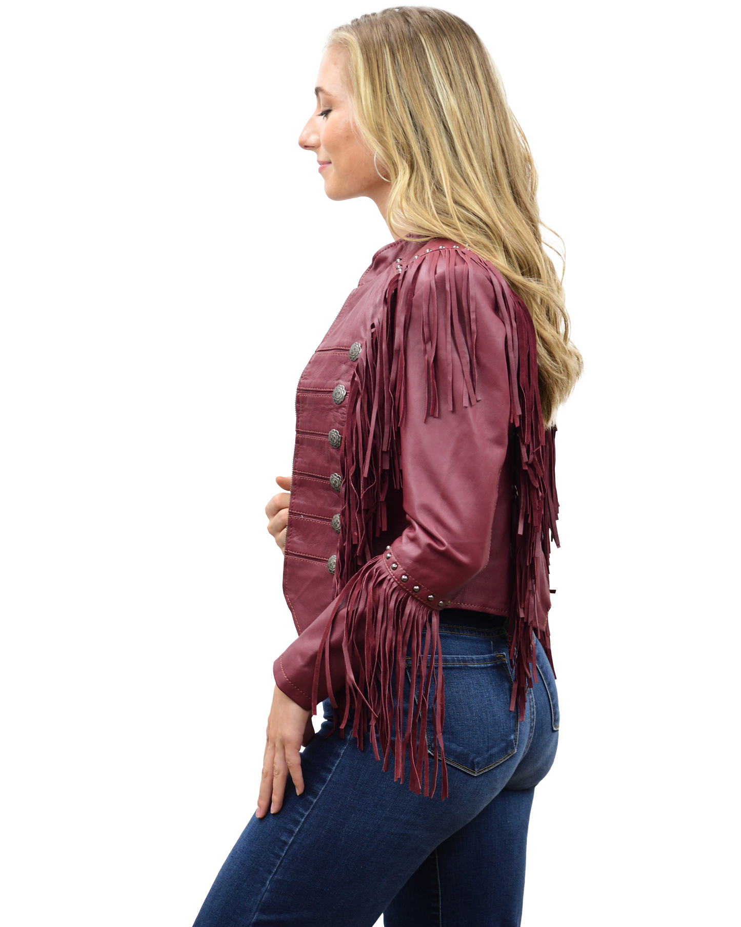 Soft and flattering deep red fringe leather jacket