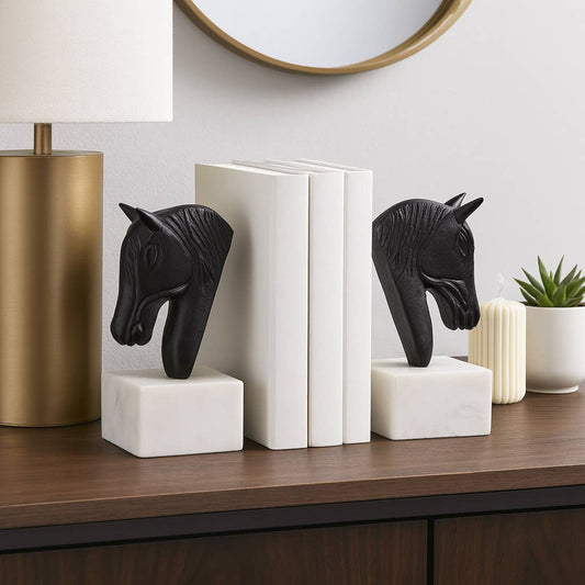White/Black Metal Horse Head bookends on marble bases