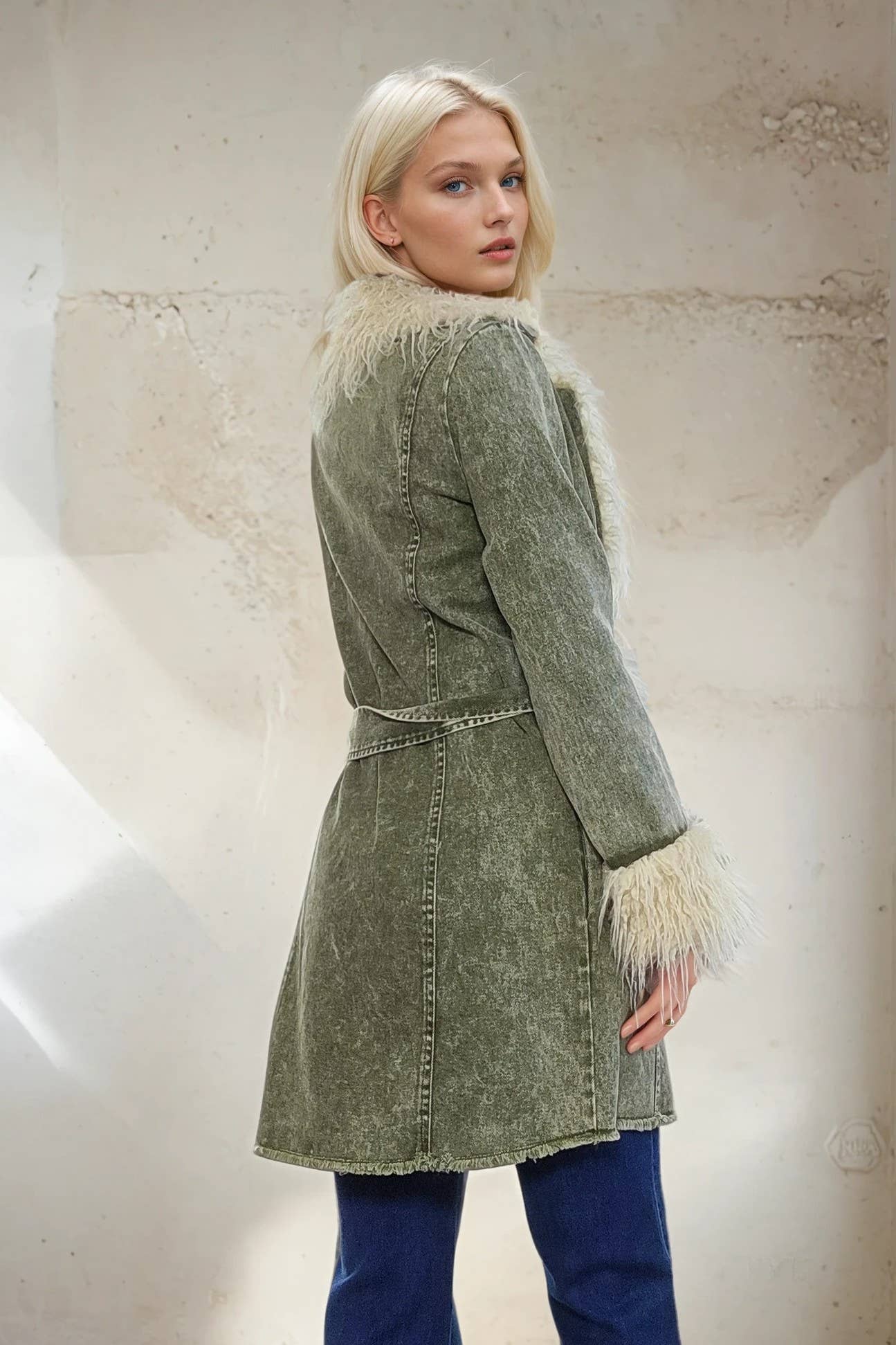 Olive washed Denim with faux fur collar and cuffs