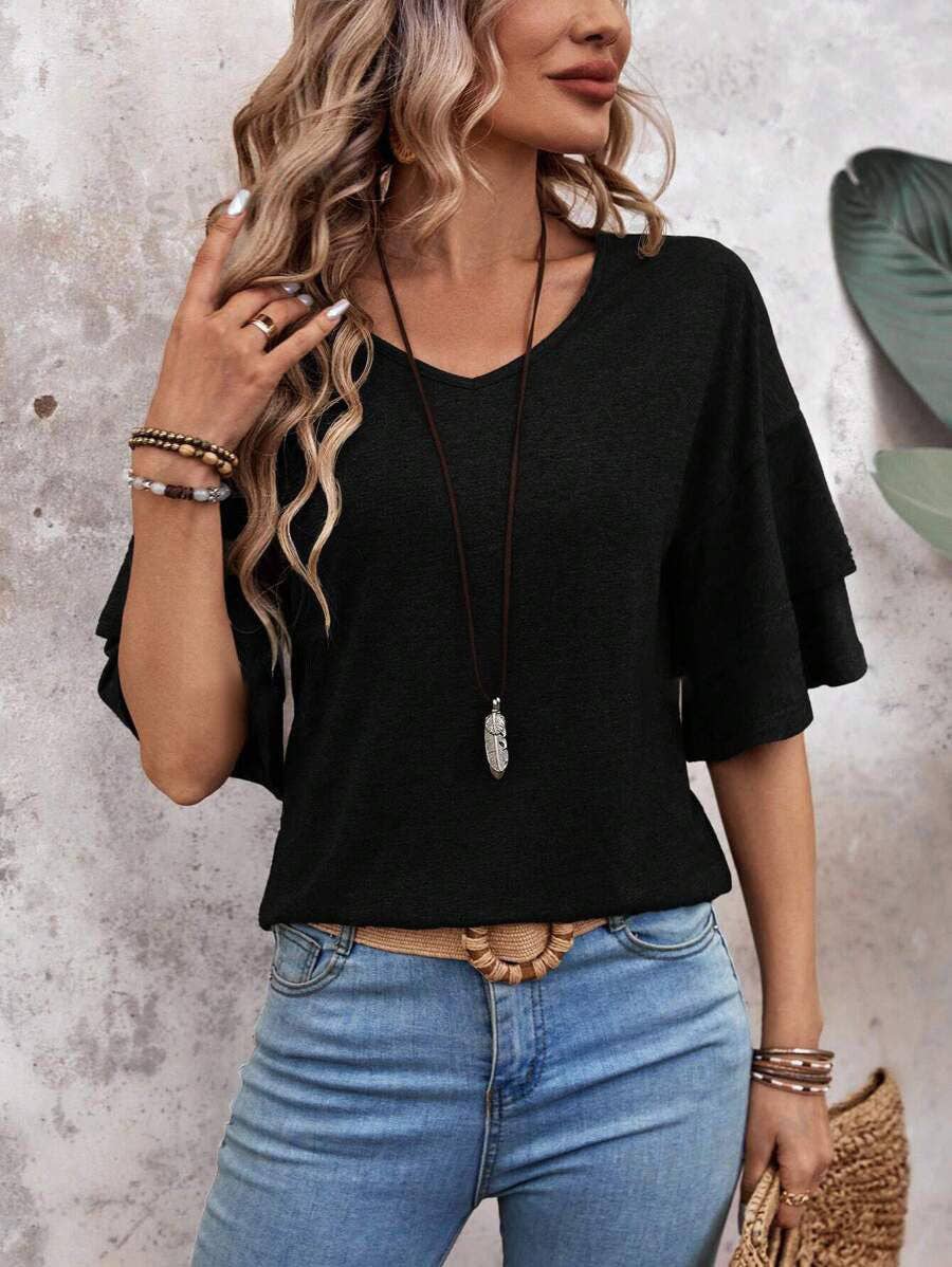 Stagecoach Favorite- Flutter Sleeve V Neck Summer Top