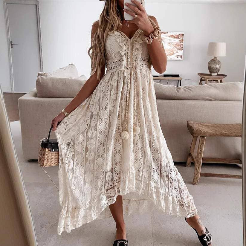 Spring lace sling large swing solid color dress