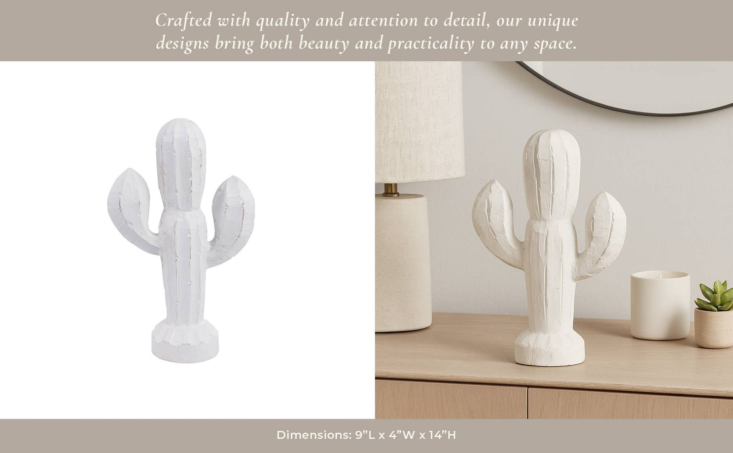 White Wood Hand carved Cactus, 14 in.