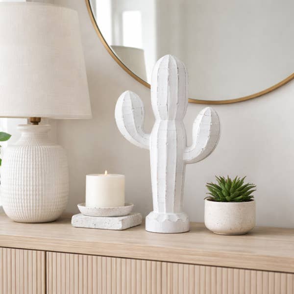 Wood Carved Cactus Decorative Figurine - White, 18 in.