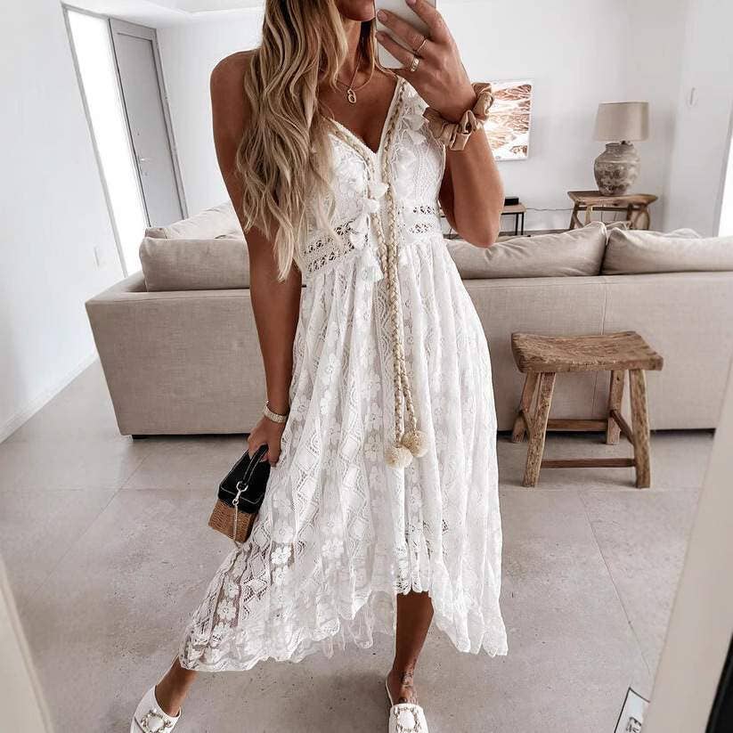 Spring lace sling large swing solid color dress