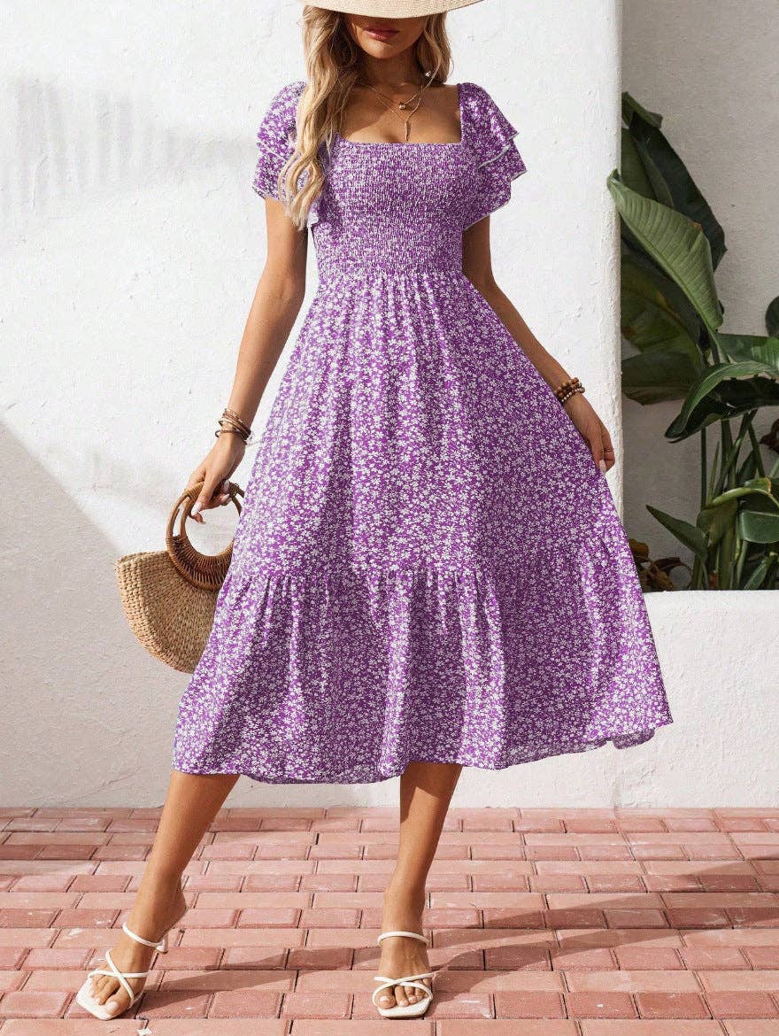 Beautiful Purple Floral Smocked Square Neck Midi Dress