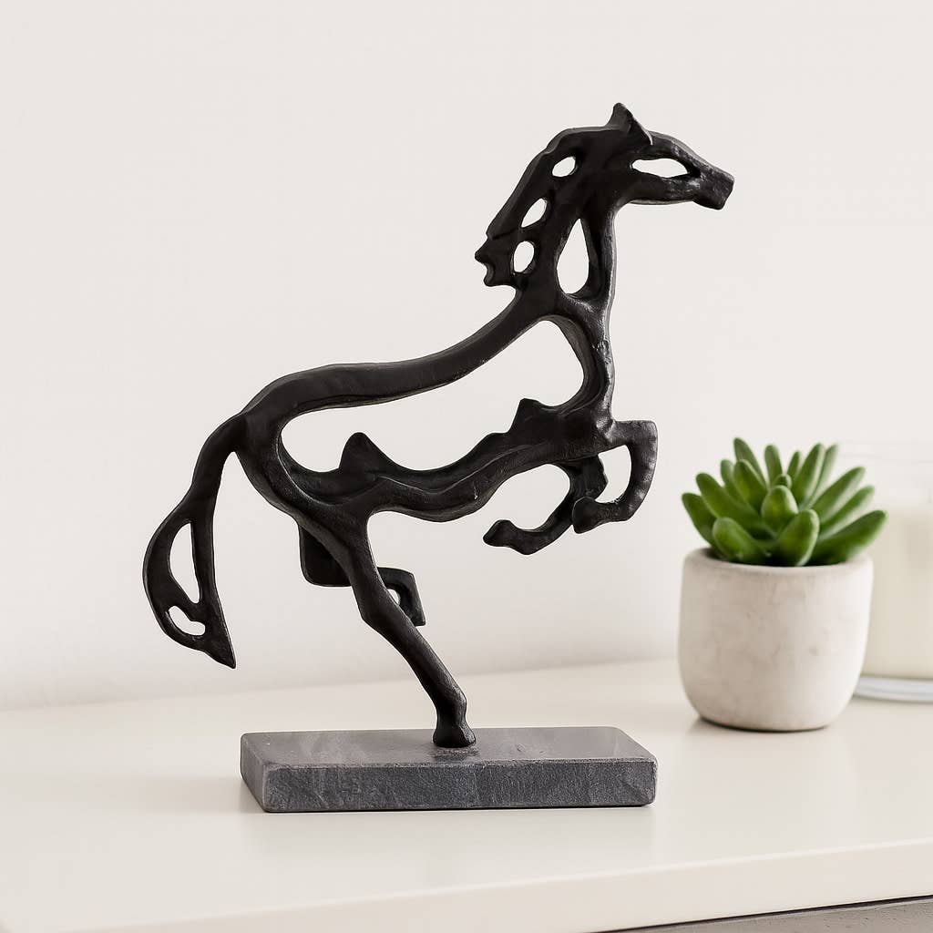 Black Metal Stone Galloping Horse on marble Base, 14 in