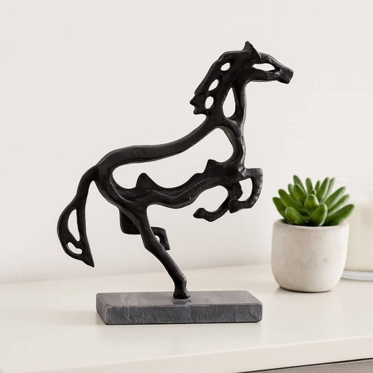 Black Metal Stone Galloping Horse on marble Base, 14 in