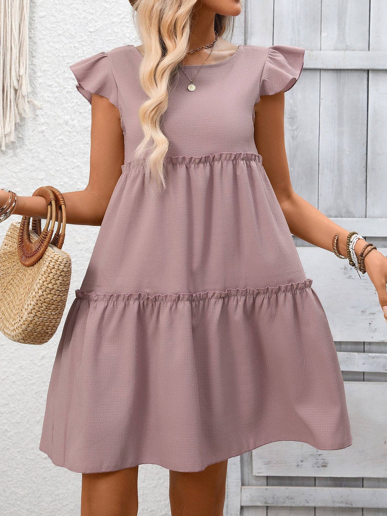 Solid Chiffon Mini Dress Boho in Dusty Pink