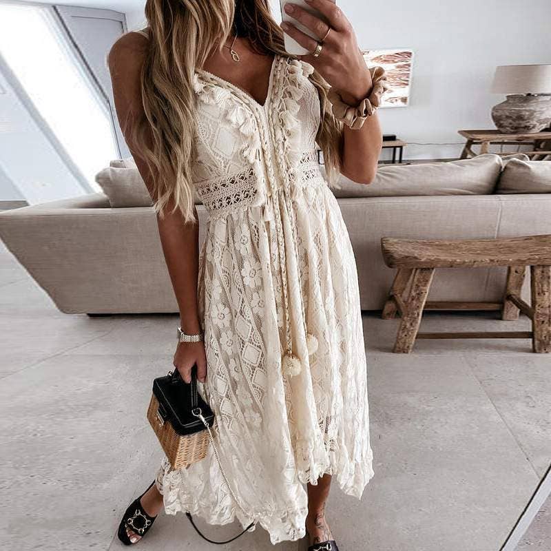 Spring lace sling large swing solid color dress