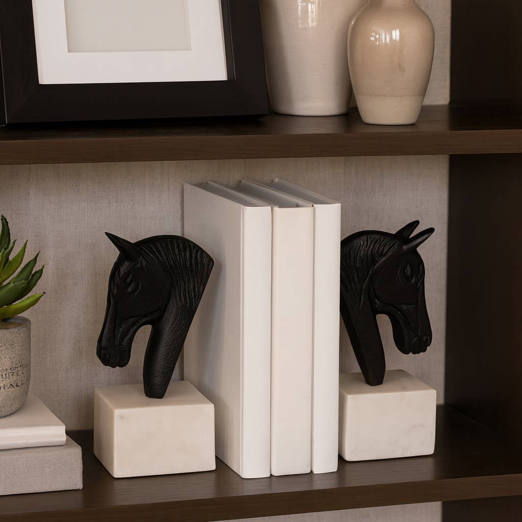 White/Black Metal Horse Head bookends on marble bases