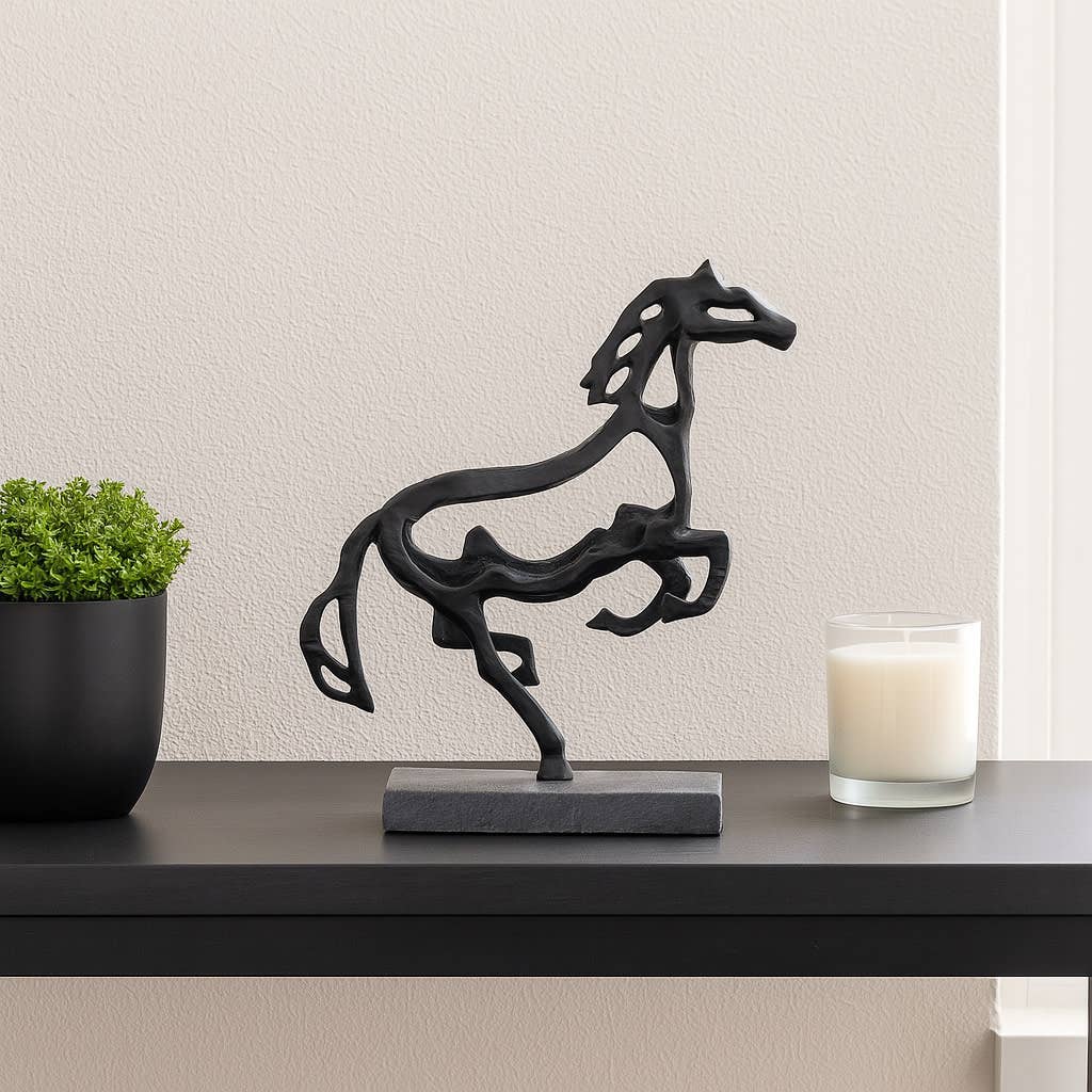 Black Metal Stone Galloping Horse on marble Base, 14 in