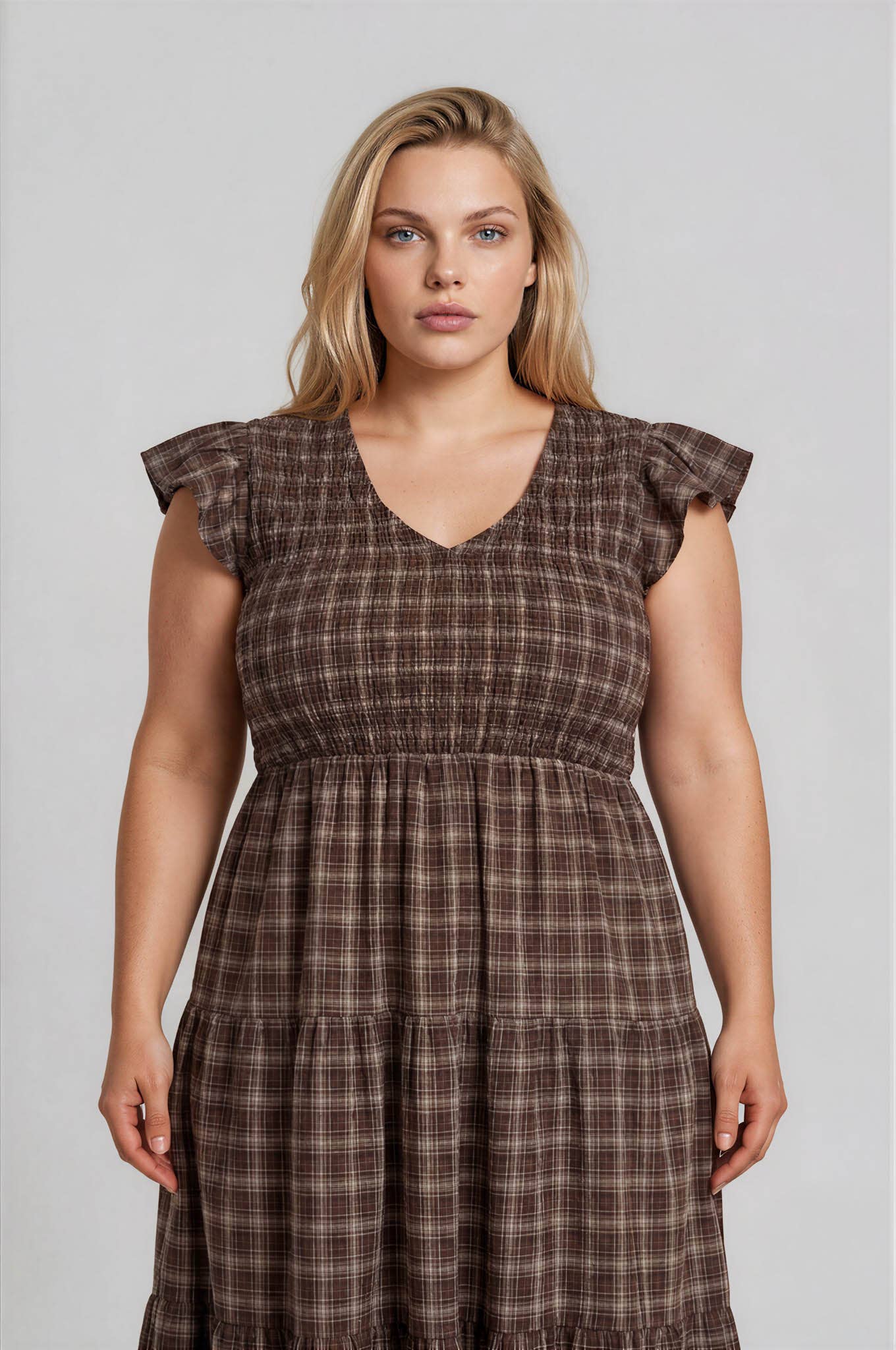 PLUS PLAID V NECK SMOCKED TIERED MIDI DRESS