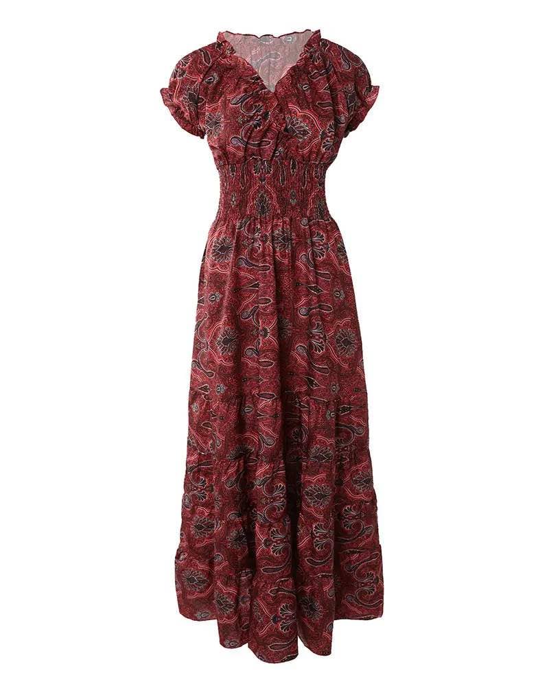 Vintage tribal print shirred waist maxi dress