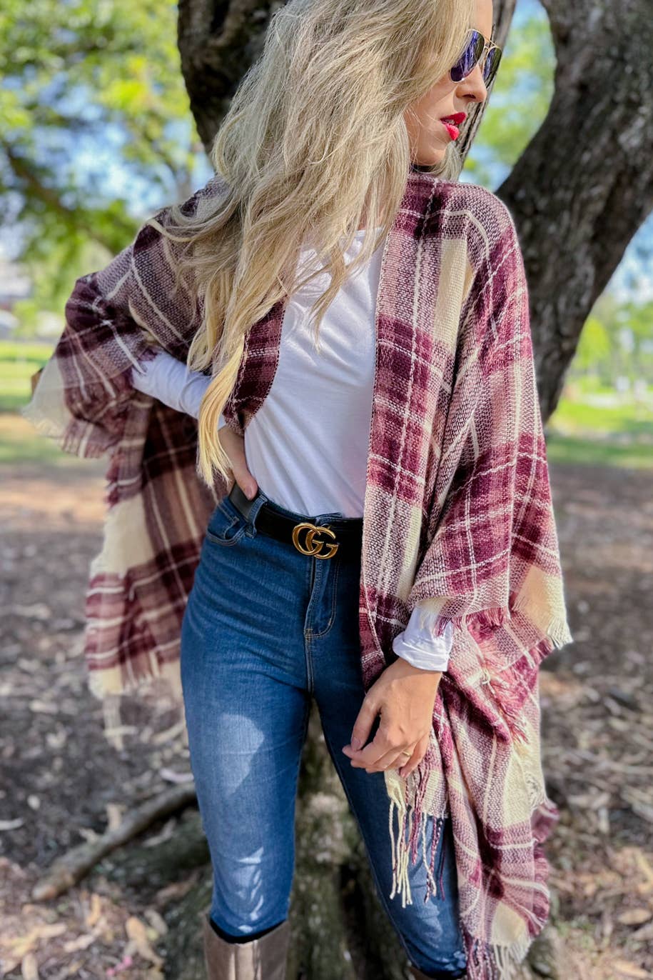 Burgundy Plaid Print Lightweight Knitted Kimono With Fringe