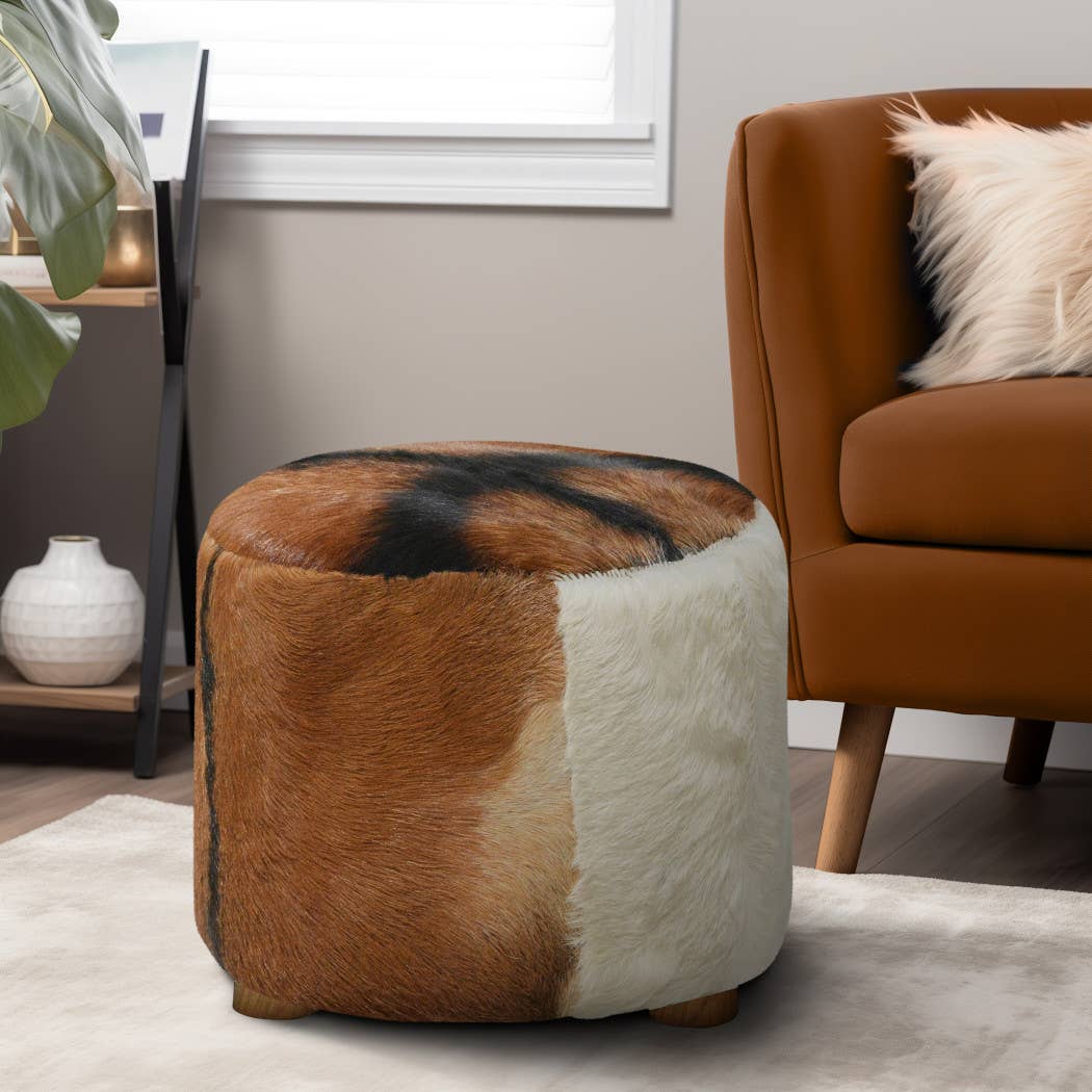 Ottoman - Multicolor Wooden Round Patchwork Cowhide, 18 in.