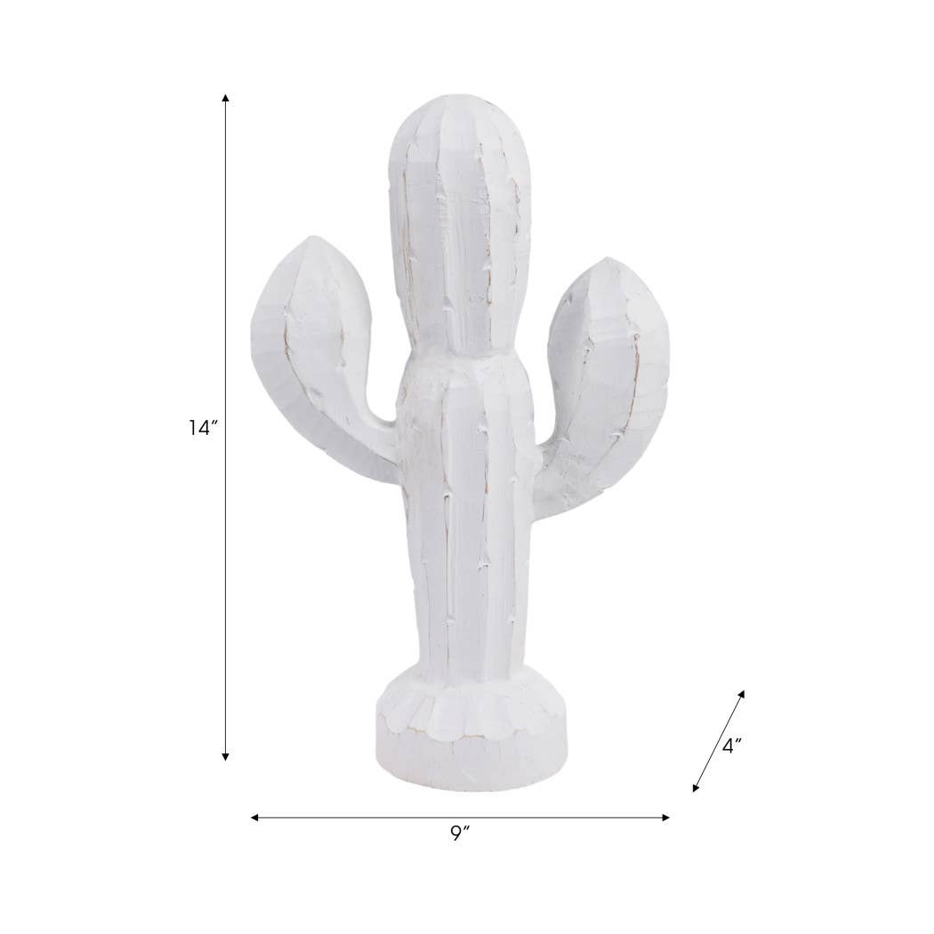 White Wood Hand carved Cactus, 14 in.