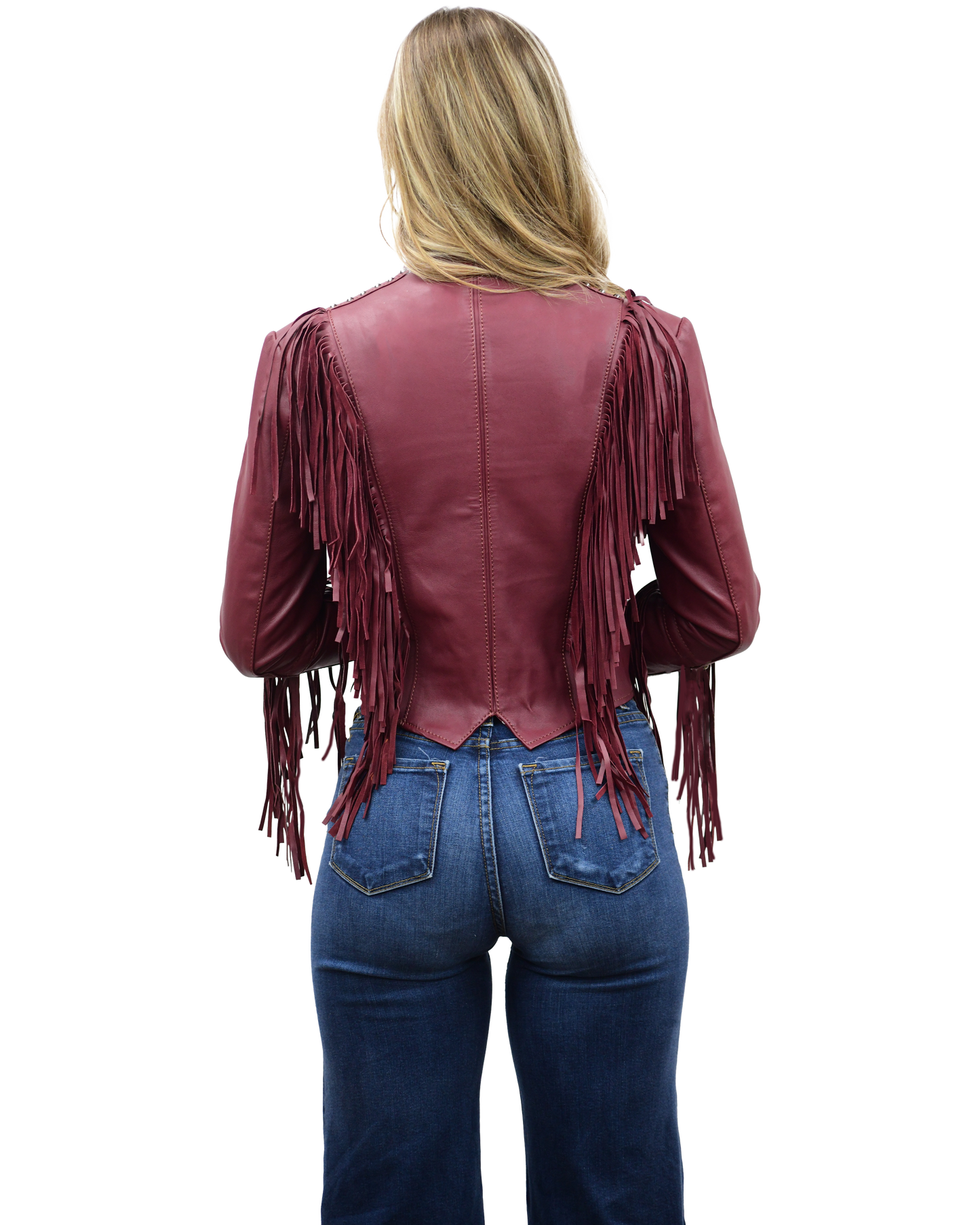 Soft and flattering deep red fringe leather jacket