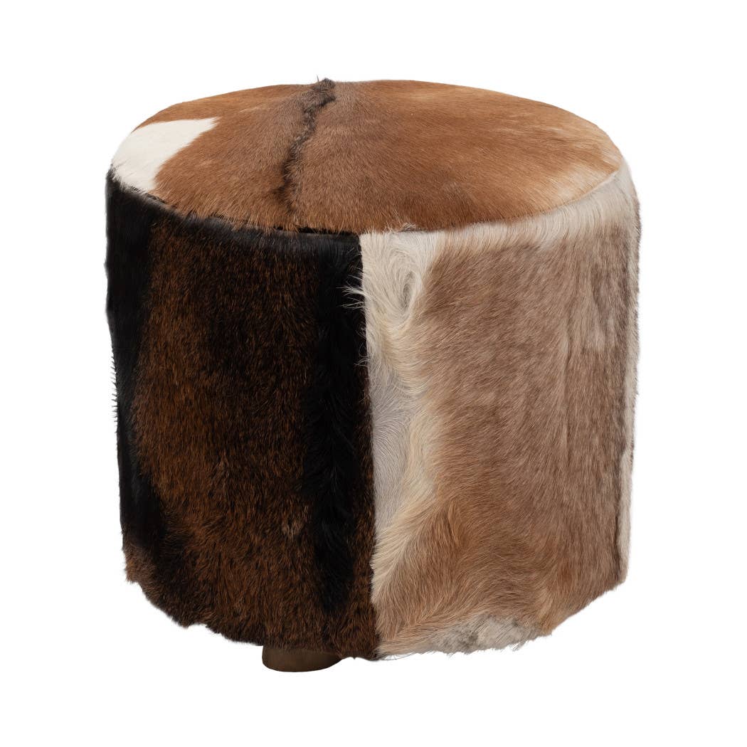 Ottoman - Multicolor Wooden Round Patchwork Cowhide, 18 in.