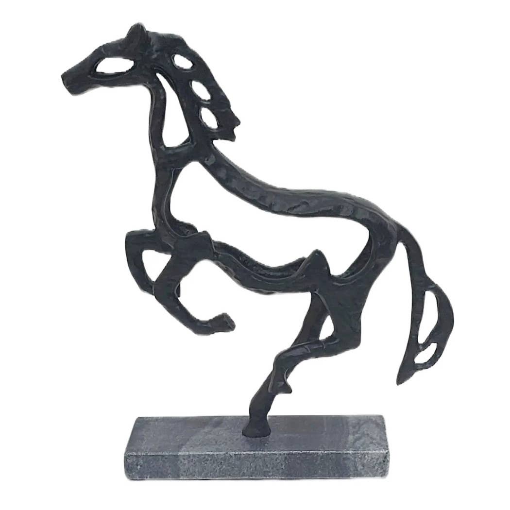 Black Metal Stone Galloping Horse on marble Base, 14 in