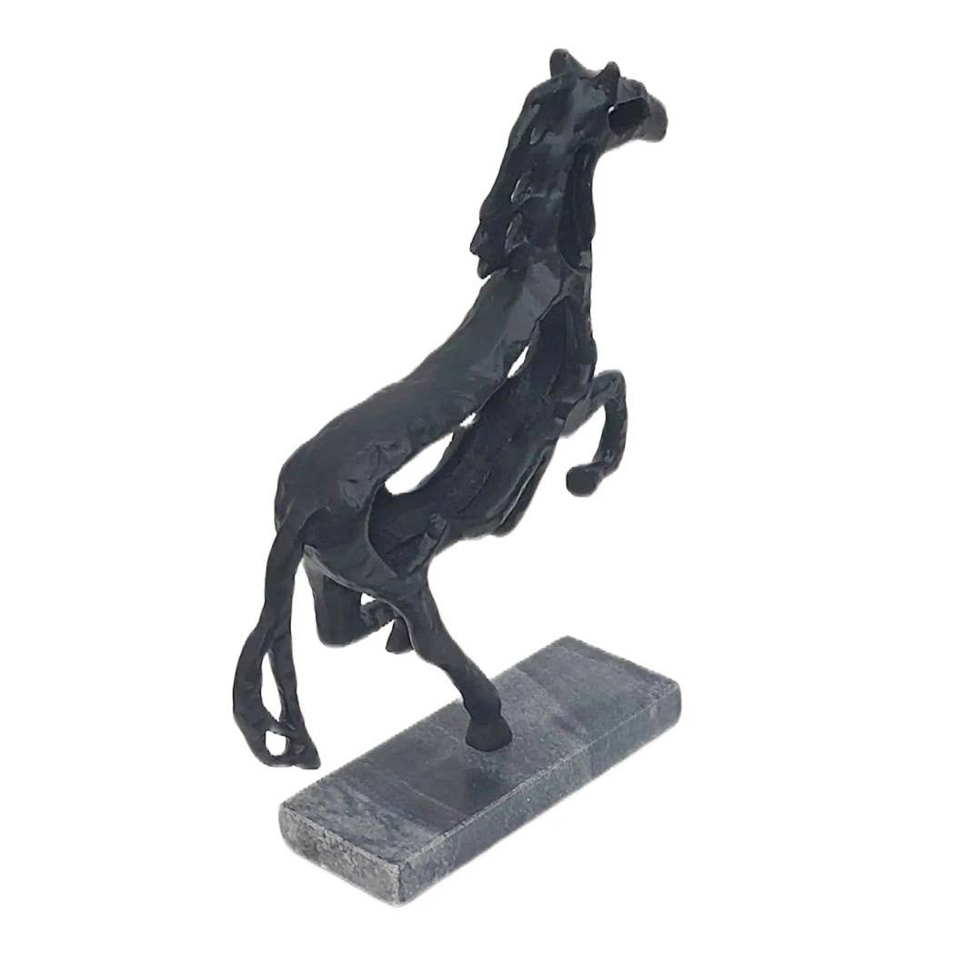 Black Metal Stone Galloping Horse on marble Base, 14 in