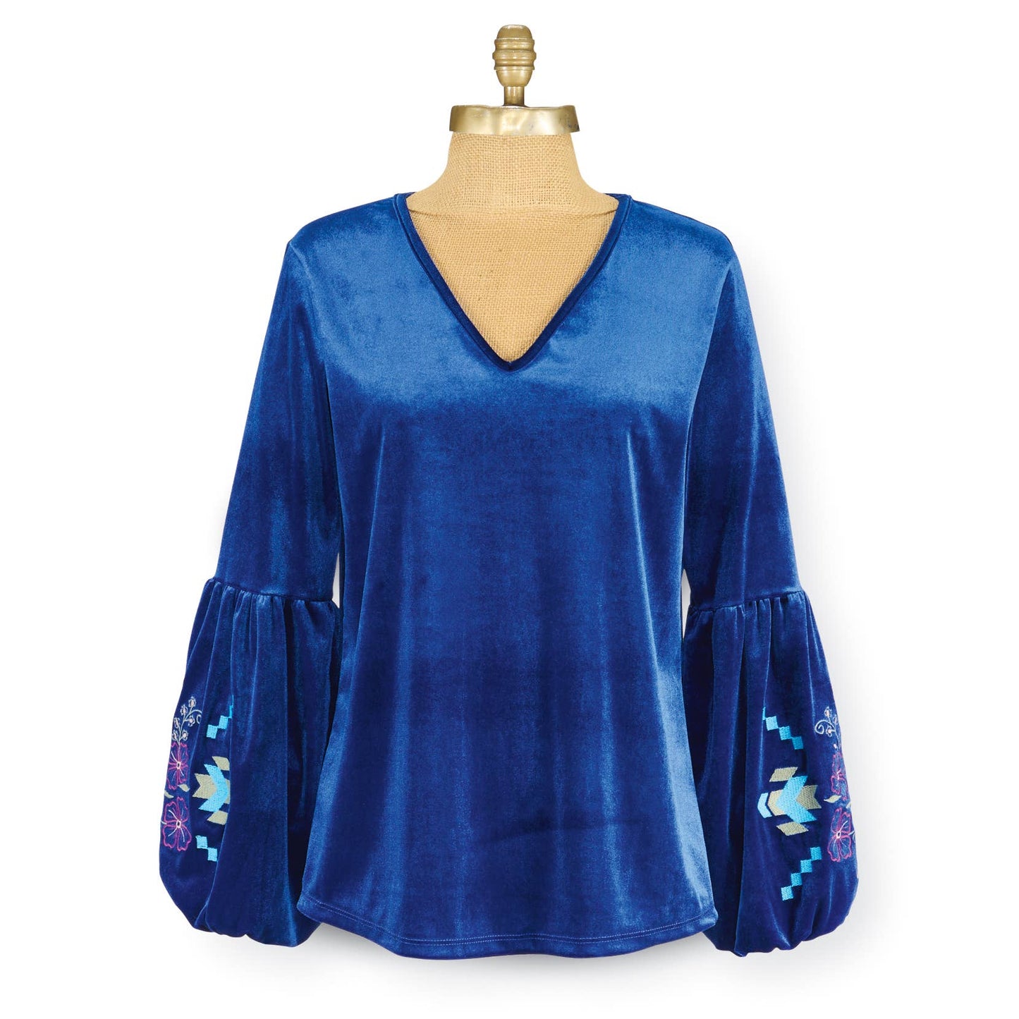 Ingrid Embroidered Velvet Top in rich deep blue