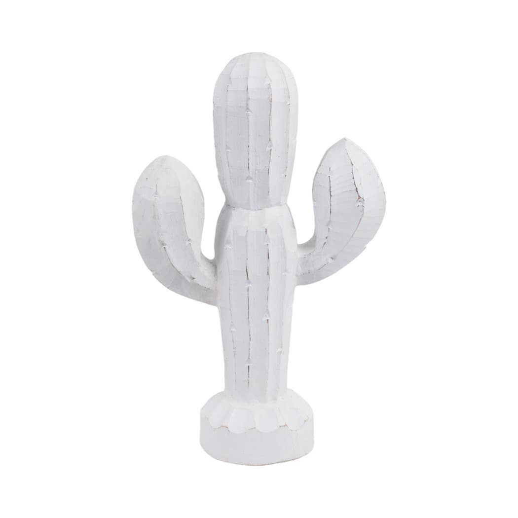 White Wood Hand carved Cactus, 14 in.