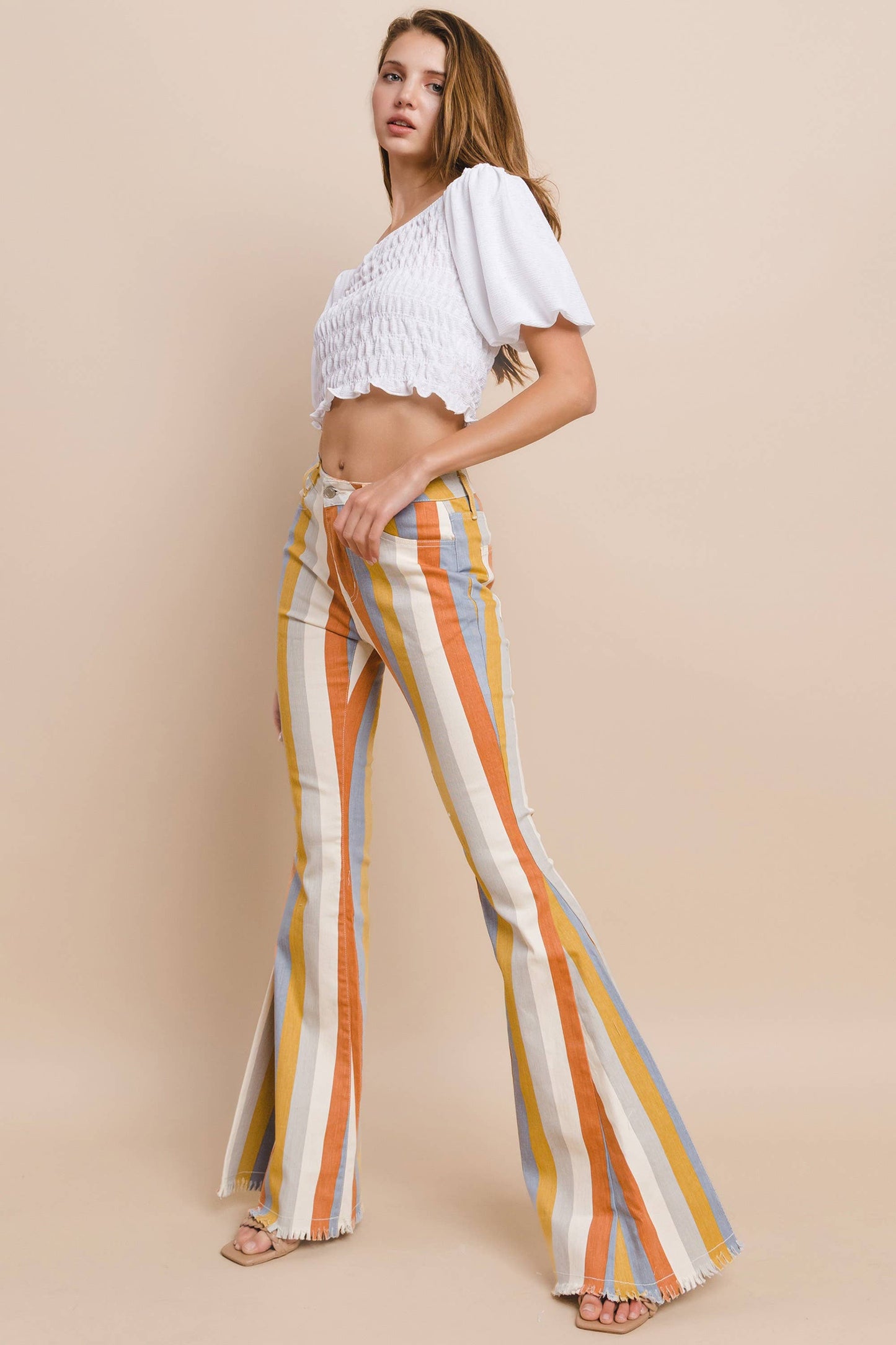 DARK MULTI STRIPE DENIM BELL BOTTOM JEANS