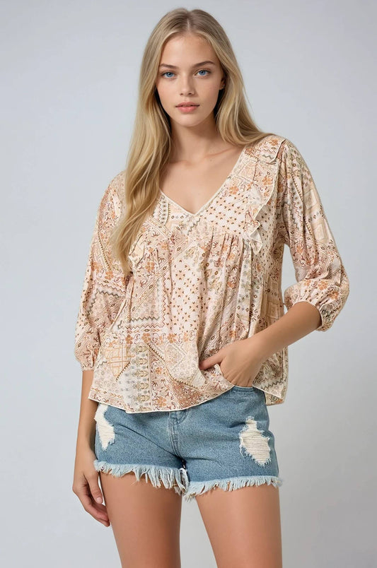 BOHO PAISLEY PRINTED PEASANT BLOUSE