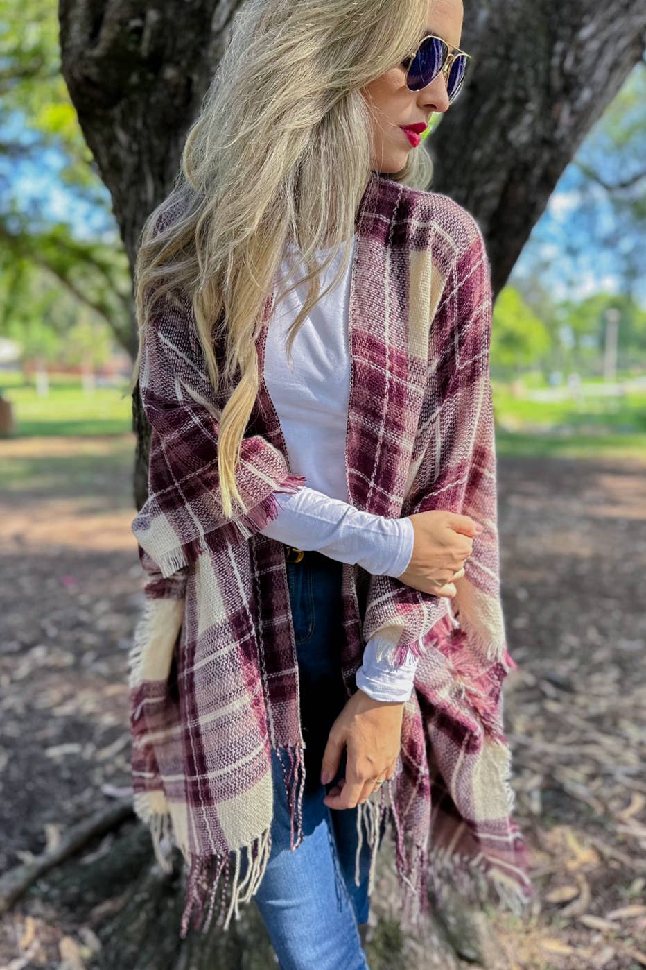 Burgundy Plaid Print Lightweight Knitted Kimono With Fringe