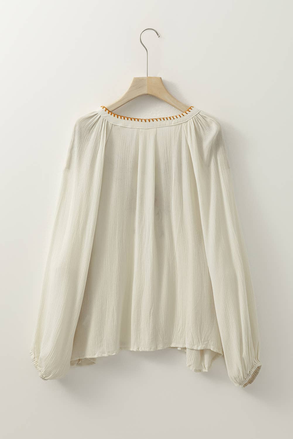 Floral Embroidered Textured Spring Puff Sleeve Loose Shirt