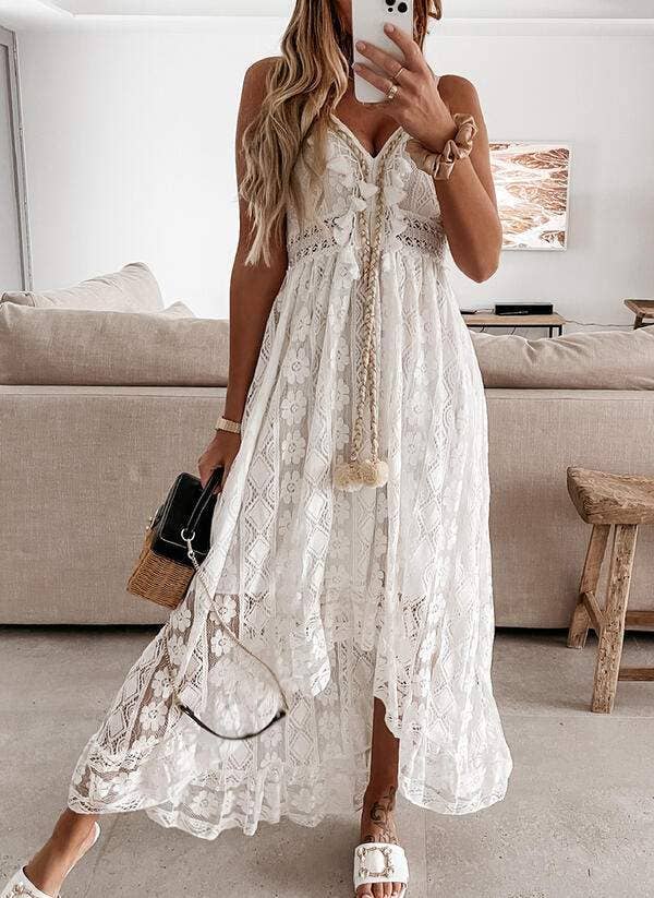 Spring lace sling large swing solid color dress